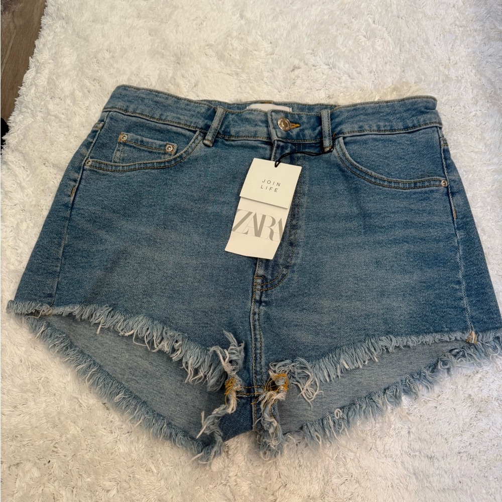 Zara Blue Jean Shorts High-Waisted Frayed Hem